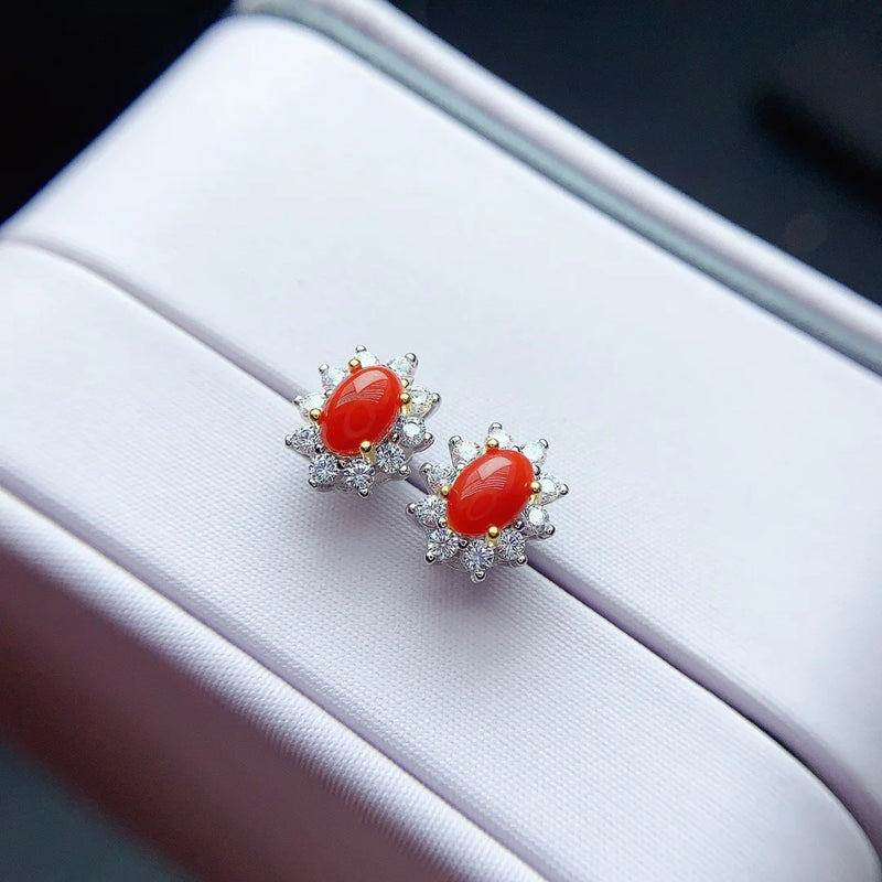 925 Sterling Silver Natural Red Coral Stud Earrings for Women