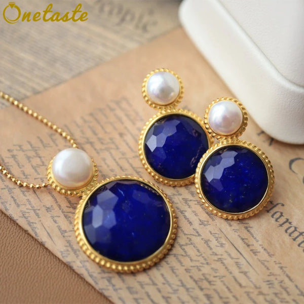 Sterling Silver Gold Plated Lapis Lazuli Pendant Earrings Set for Women