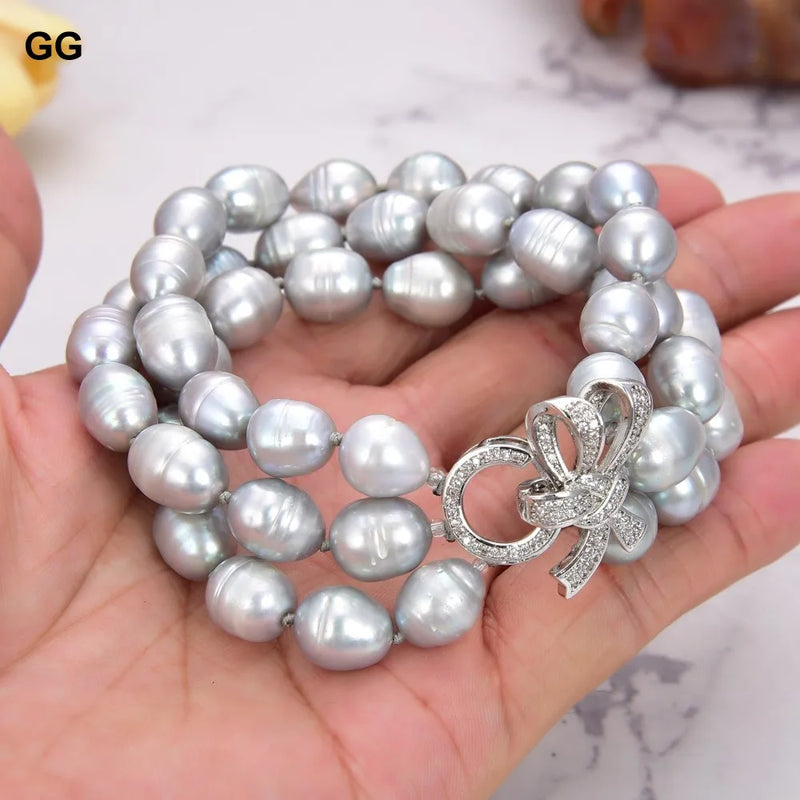 Sterling Silver Natural Gray Rice Pearl Bracelet 8'' CZ Paved Flower Clasp for Women