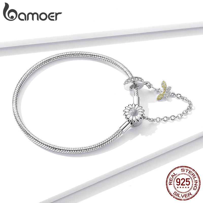 925 Sterling Silver Snake Charm Bracelet with Sunflower Safety Chain for Her