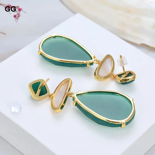 Gold Plated Geometric Natural Green Agate and White Shell Stud Earrings for Lady