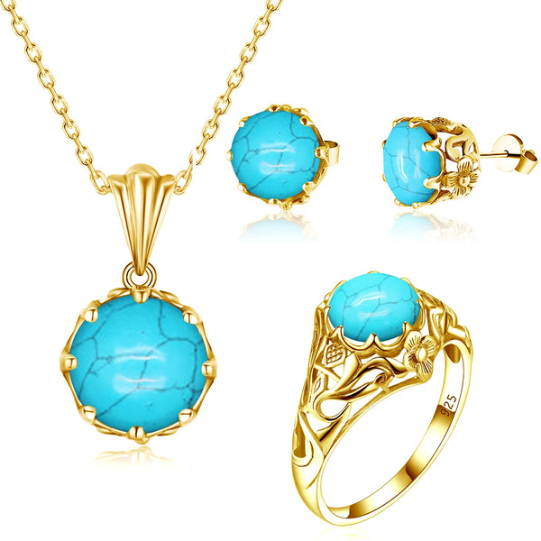 Sterling Silver Turquoise Flower Earrings Necklace Ring Set for Women