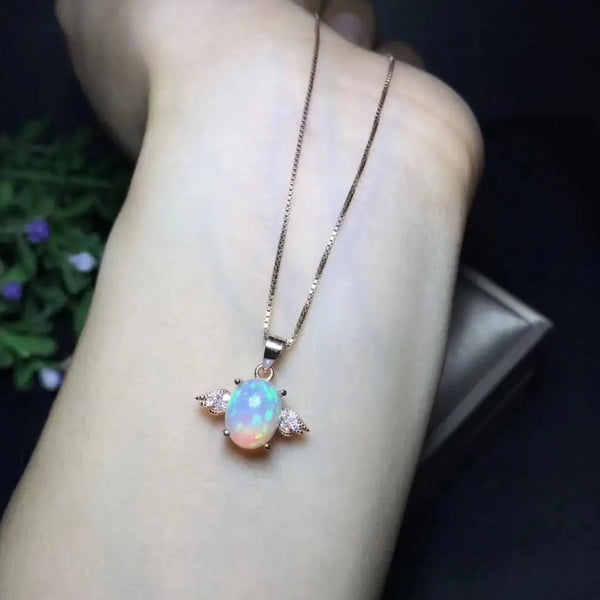 925 Sterling Silver Opal Necklace with Colorful Natural Fire Color, Fairy Tale Design for Lady