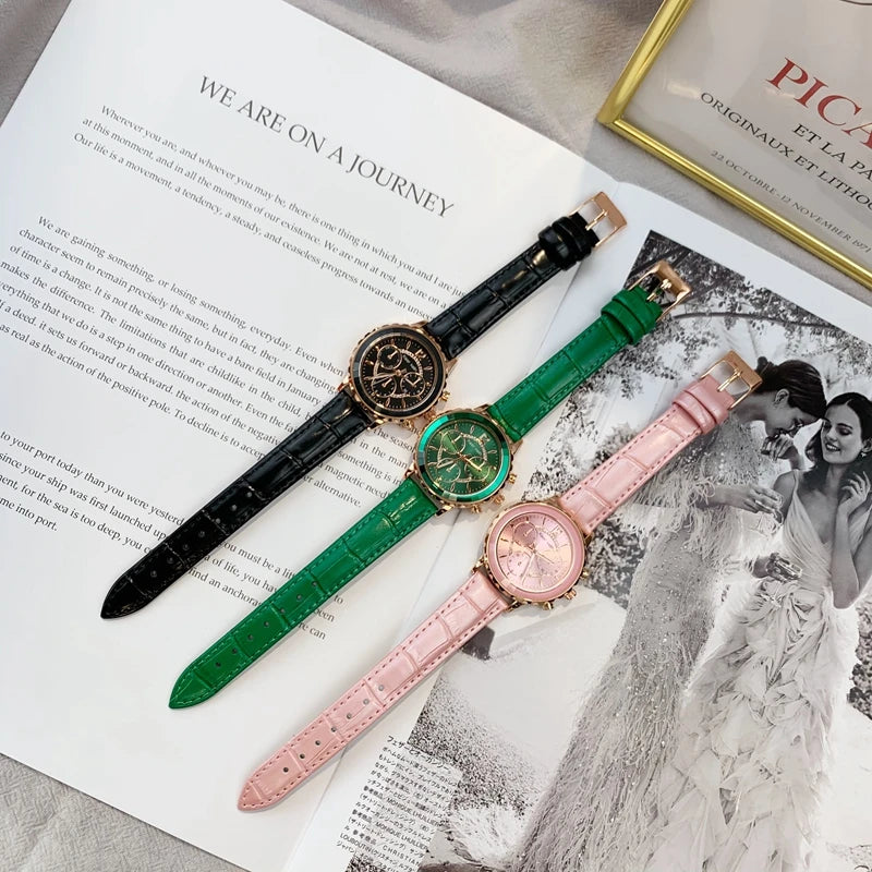 Top Quality Fashion Lady's Luxury Wristwatch: Genuine Leather, Green Dial, Pink Accents