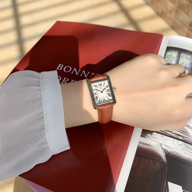 Elegant Simple Rectangle Brown Leather Women's Fashion Casual Retro Wristwatch