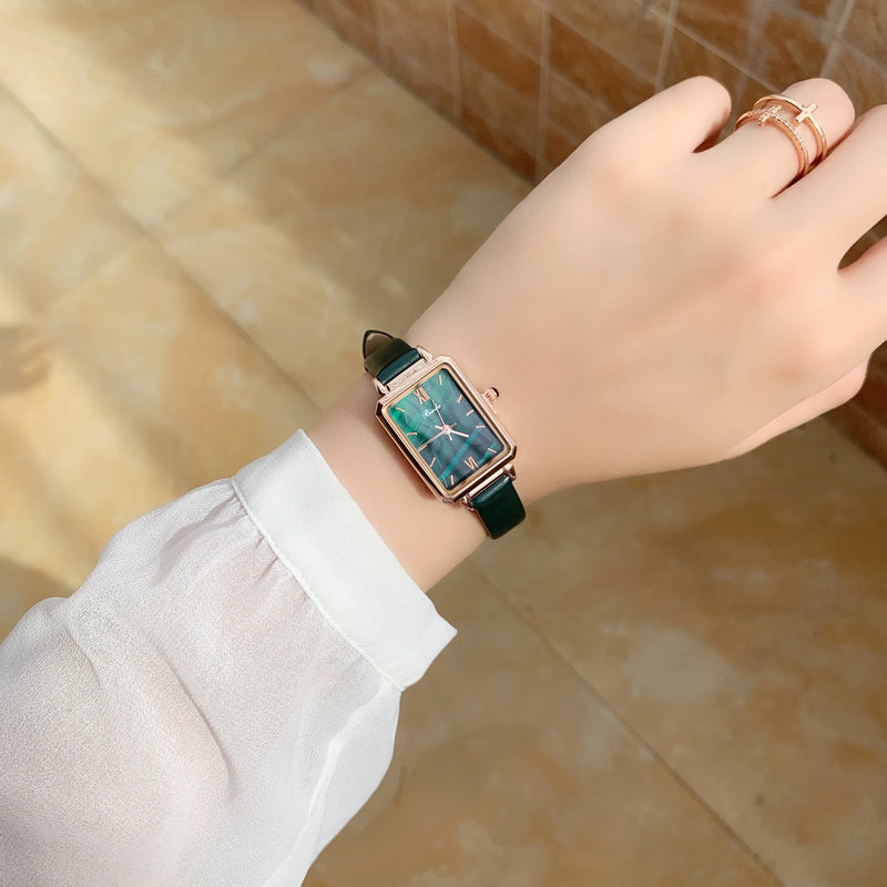 Slim, Green Rectangle Luxury Watch for Women: Quartz Movement, Waterproof, Leather Strap.