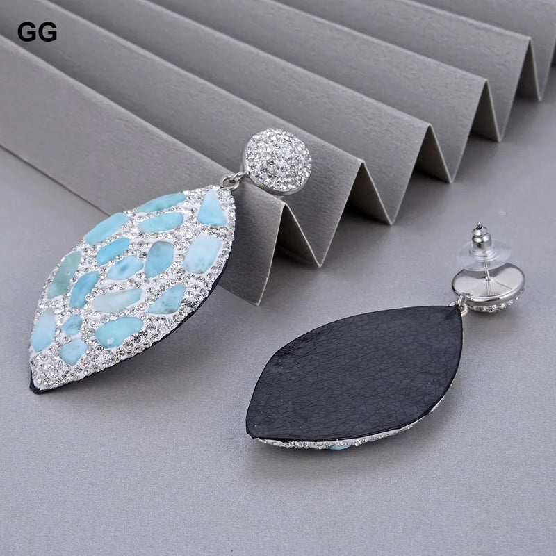 Sterling Silver Natural Blue Larimar Stone Rhinestone Dangle Stud Earrings for Women