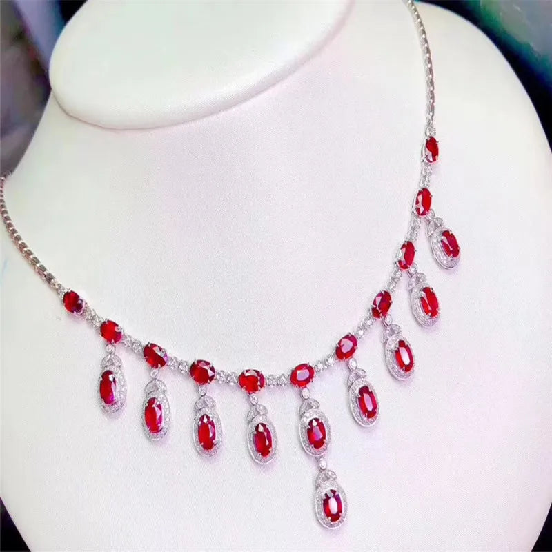 Sterling Silver Ruby Necklace, 21 Pieces, 925 Silver for Women