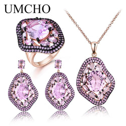 925 Sterling Silver Oval Nano Pink Moganite Pendant Necklace Earrings Set for Women