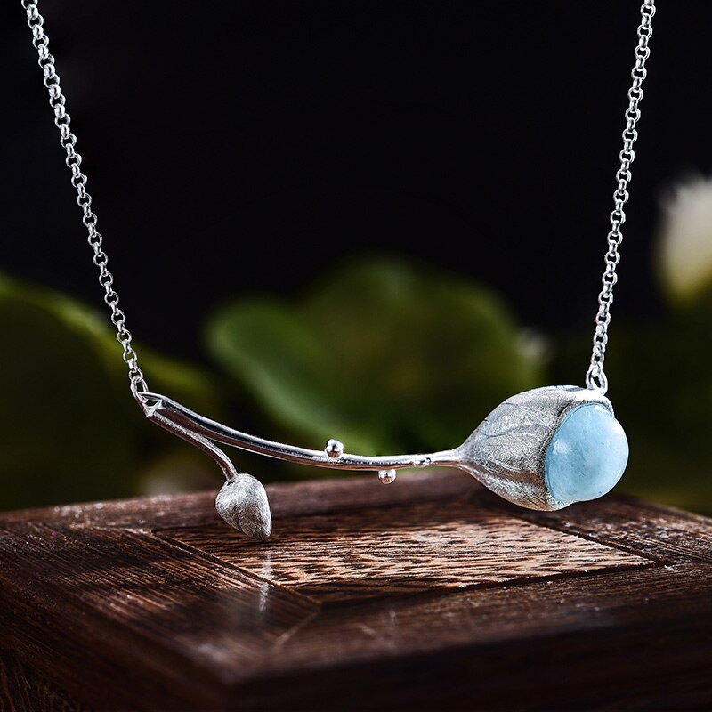 925 Sterling Silver Natural Stone Lotus Bud Necklace for Women