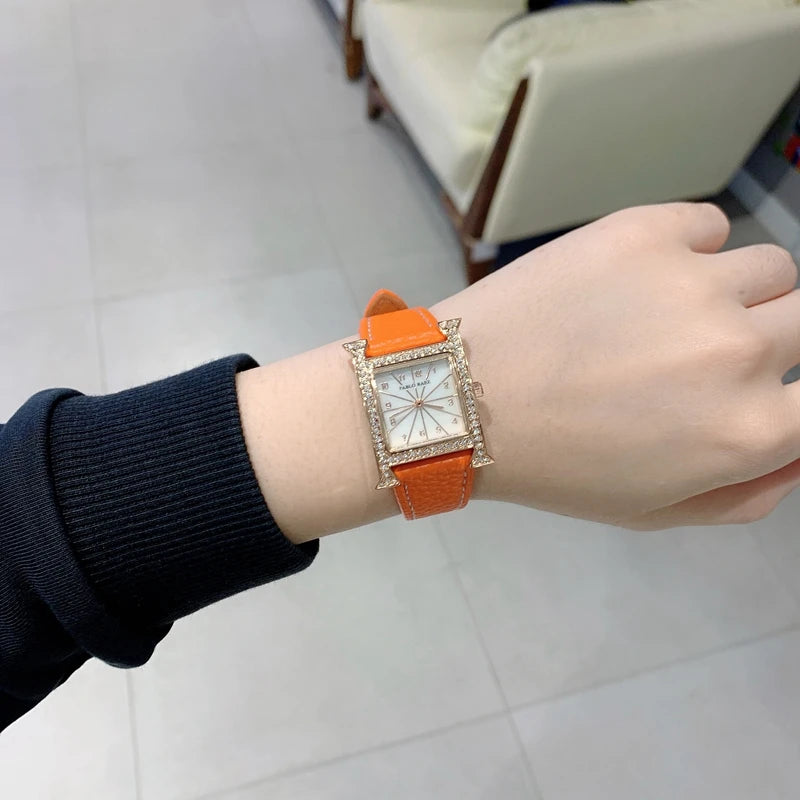 Luxury Diamond Women's Wristwatch with Leather Band and Orange Jewelry Details