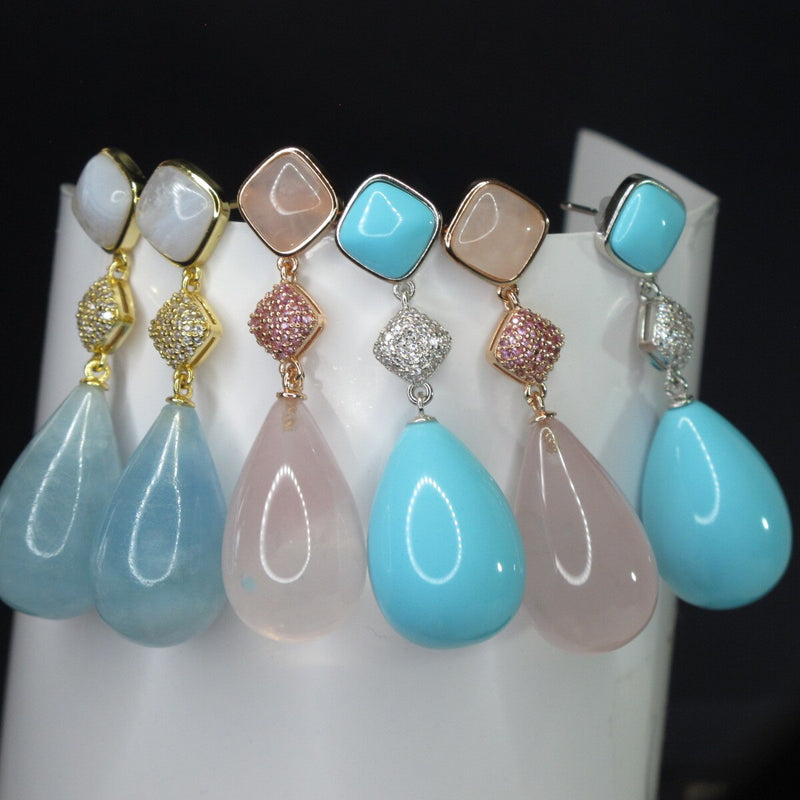 925 Silver Natural Gemstone Tear Drop Earrings for Women with Pink Quartz, Pearl, Blue Turquoise, Aquamarine, Red Black Agate