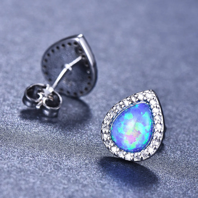 Sterling Silver Blue White Opal Stud Earrings for Women