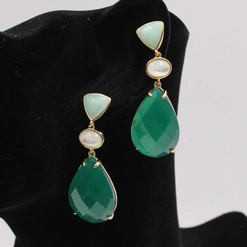 Sterling Silver Natural White Shell Aventurine Green Agate Teardrop Dangle Stud Earrings for Women