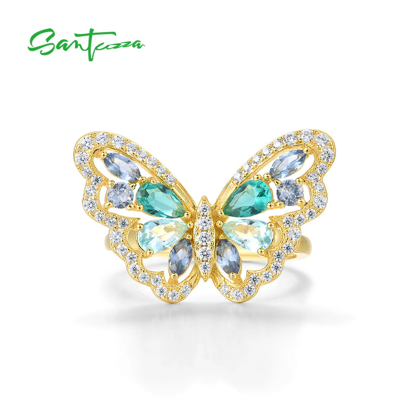 Sterling Silver 925 Sparkling Green Blue Gemstones 0.50ctw Butterfly Ring For Women