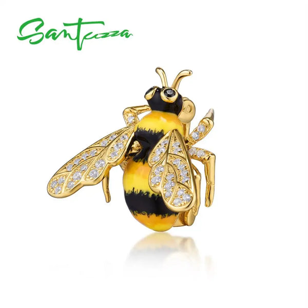 925 Sterling Silver Yellow Gold Enamel Bee Brooch for Women