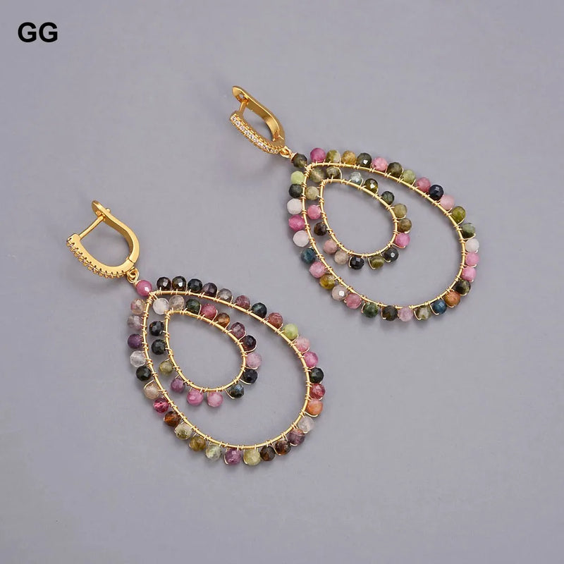 Sterling Silver Natural Teardrop Multi Color Tourmaline CZ Pave Lever Back Dangle Earrings for Women