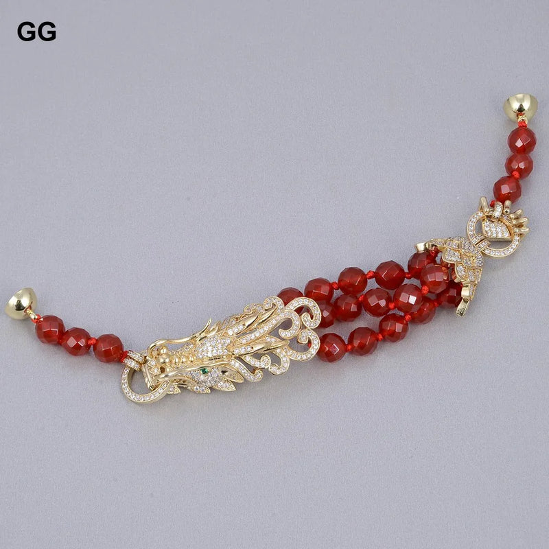 Sterling Silver 8mm Red Carnelian & CZ Dragon Connector Bracelet for Women