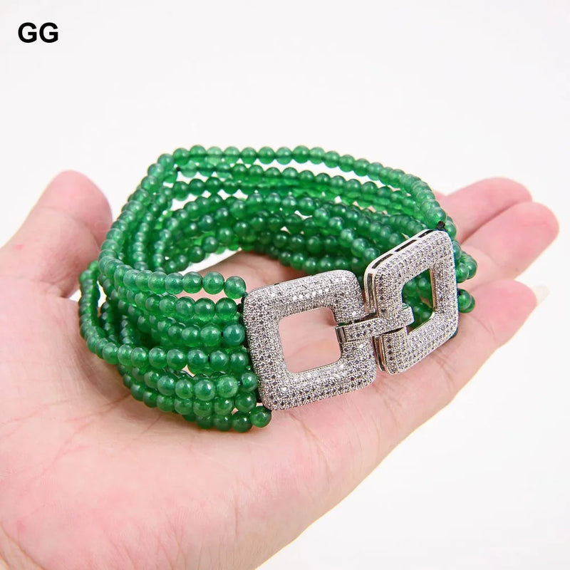 Sterling Silver 8mm Green Jade Bracelet with Cubic Zirconia Clasp for Women