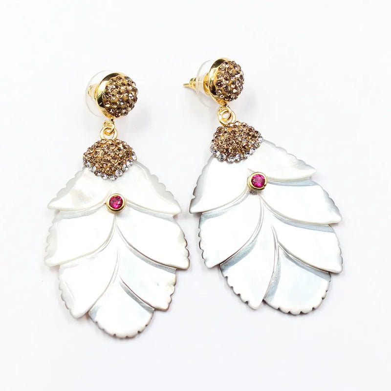 Gold Plated Natural Gray Sea Shell Leaf Mop with Golden Marcasite & CZ Dangle Earrings for Women