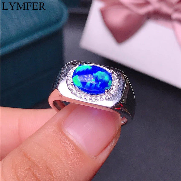 925 Sterling Silver Opal Ring with Blue Fire Color, Natural Australian Opal, Beautiful Design for Men