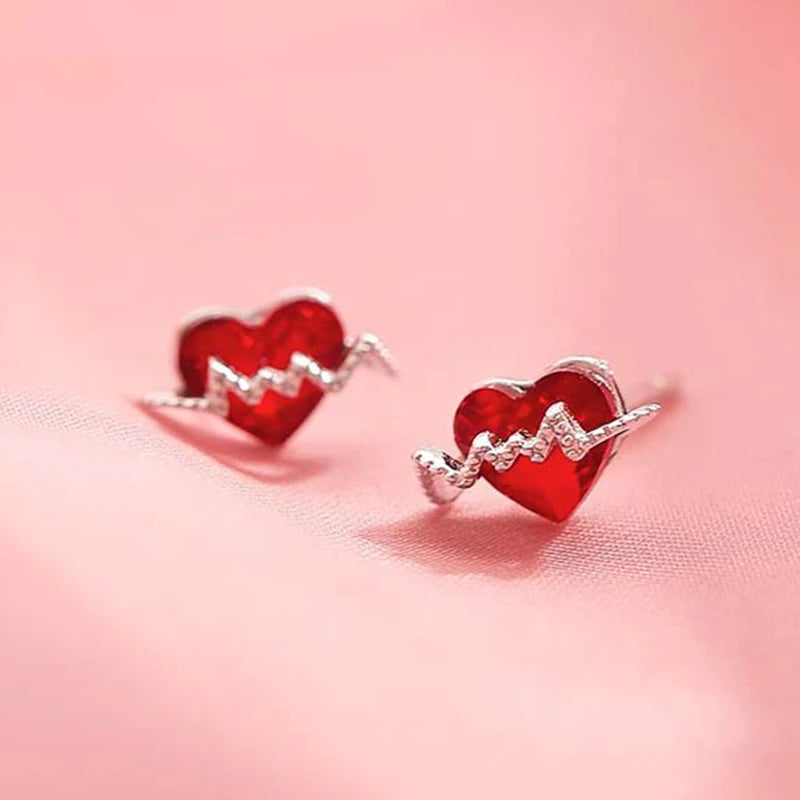 Silver Red Zircon Heart Shape Bow Earrings for Women