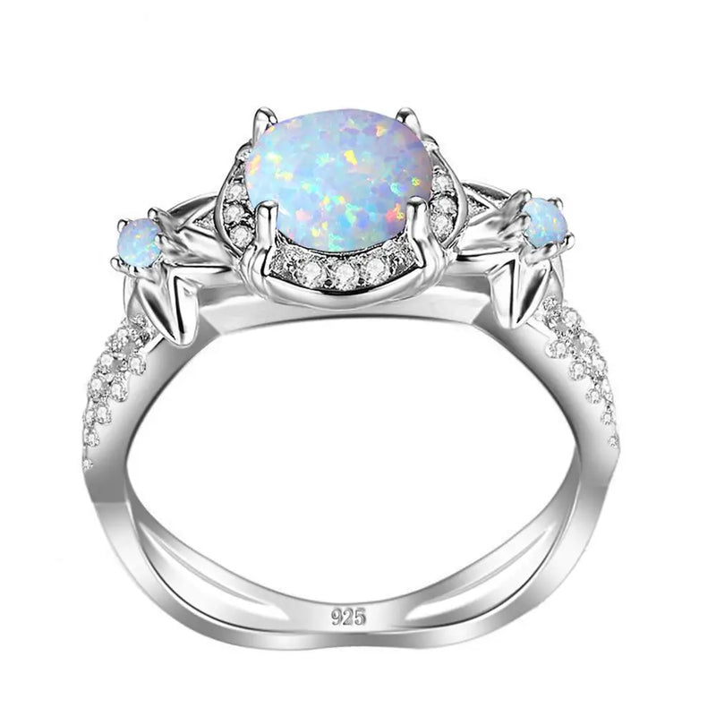 Sterling Silver Flower Opal Ring with Cubic Zirconia for Women