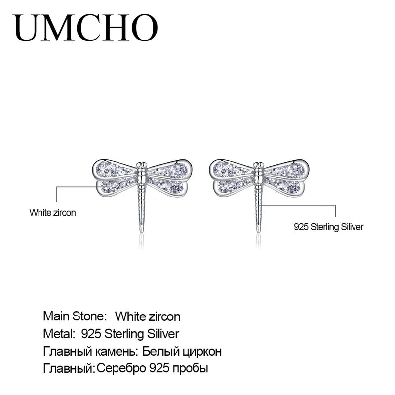 Sterling Silver White Zircon Dragonfly Stud Earrings for Women