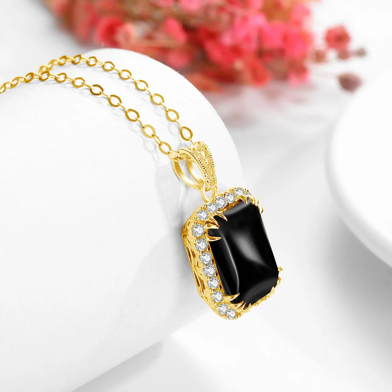 14K Gold Onyx Pendant with Cubic Zirconia for Women