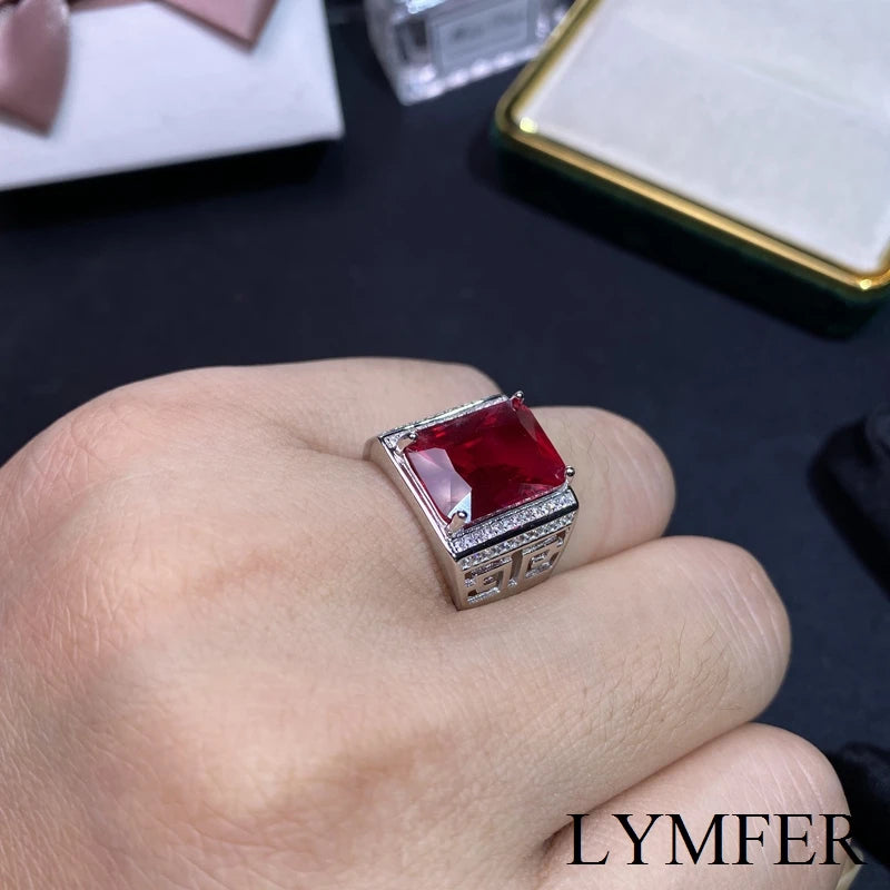 925 Sterling Silver Ruby Ring with Square Gem, Beautiful Color for Men