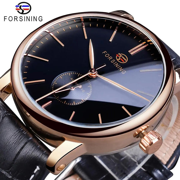 Stainless Steel Leather Band Automatic Watch with Sub Dials for Men