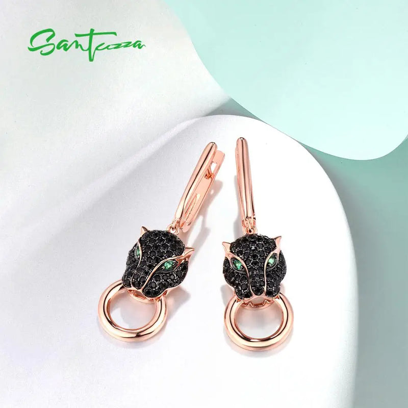 925 Sterling Silver Black Spinel Leopard Panther Drop Earrings for Women