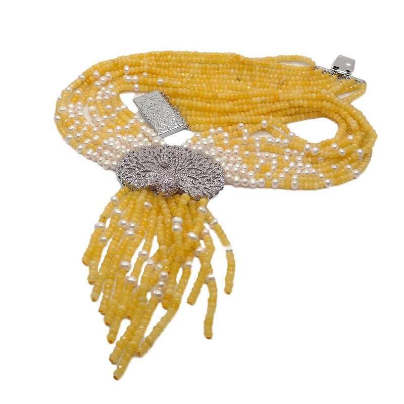 Silver 9 Strands Yellow Jade & White Freshwater Pearl Peacock Pendant Necklace for Women