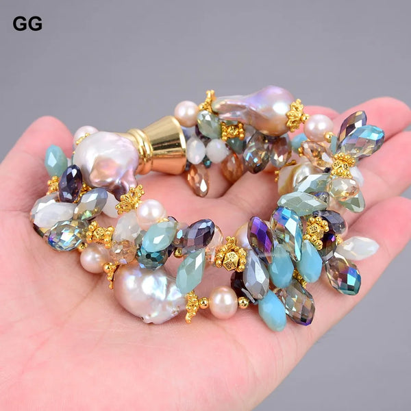 Sterling Silver Keshi Baroque Pearl & Crystal Bracelet for Women