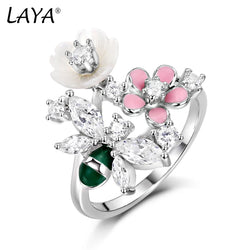 Sterling Silver Natural Shell and Zircon Butterfly Enamel Ring for Women