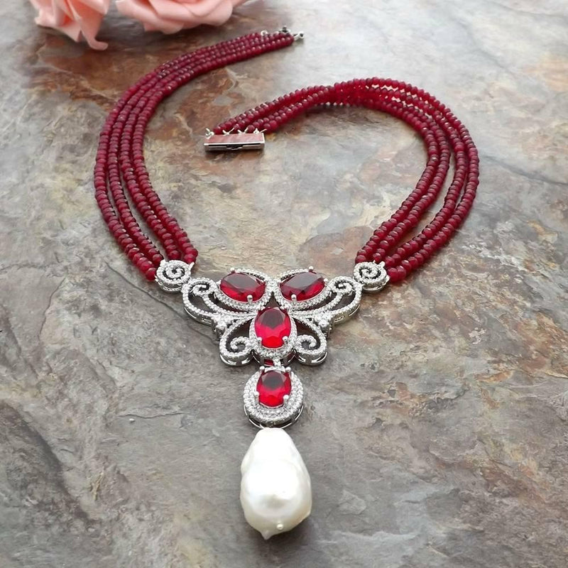 Sterling Silver 4mm Faceted Red Jade & White Keshi Pearl Pendant for Women