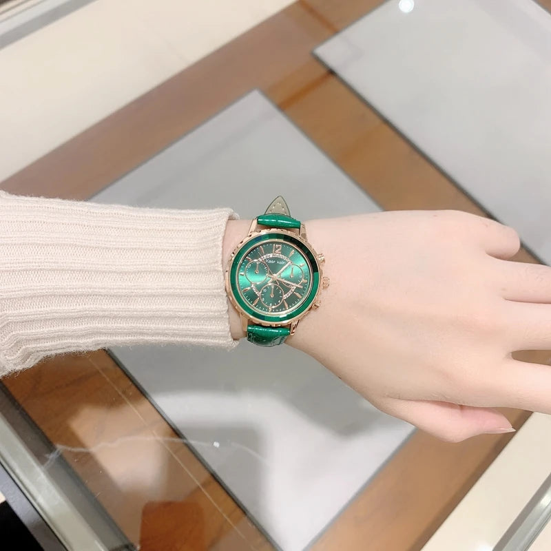 Top Quality Fashion Lady's Luxury Wristwatch: Genuine Leather, Green Dial, Pink Accents