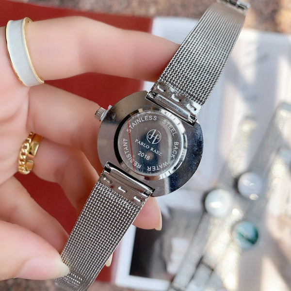 Women's Green Textured Watch with Silver Mesh Band and Japan Movement - Fashionable, Casual Style, High Quality.