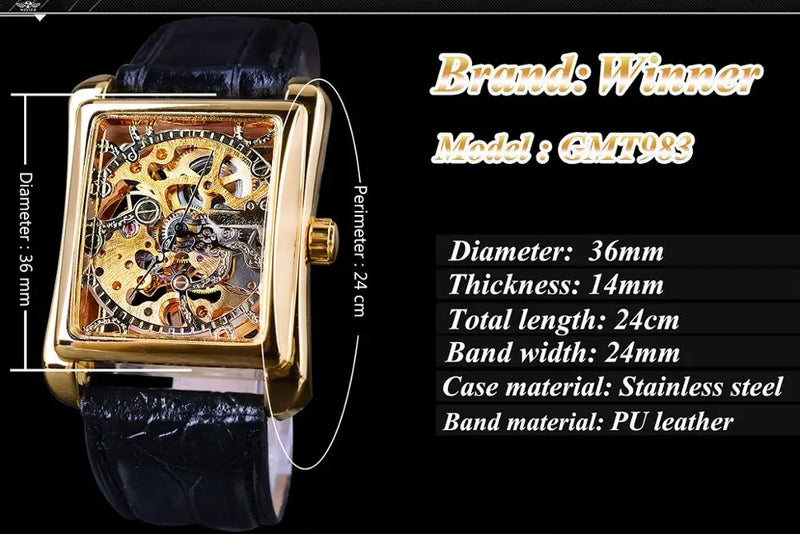 Golden Rectangle Dial Hollow Skeleton Mechanical Watch for Men