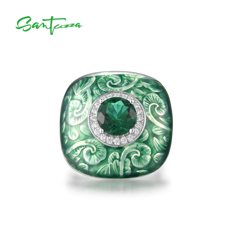 Sterling Silver Square Green Glass & CZ Enamel Ring for Women