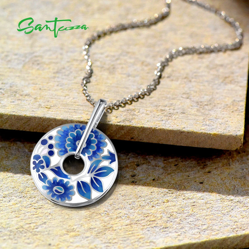 925 Sterling Silver Blue Enamel Flower Pendant for Women