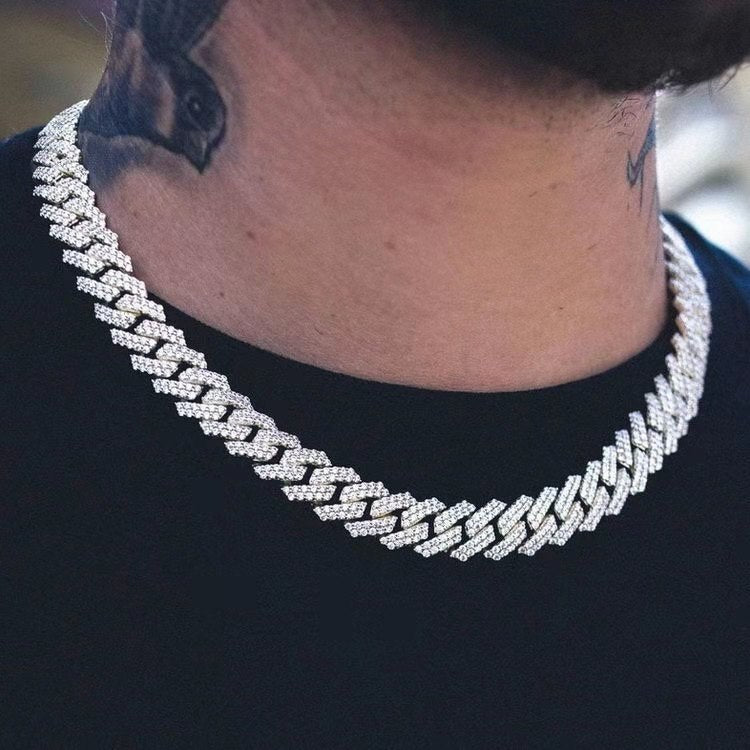 Silver Cuban Chain Bracelet Necklace with Iced Out Rhinestone CZ for Men