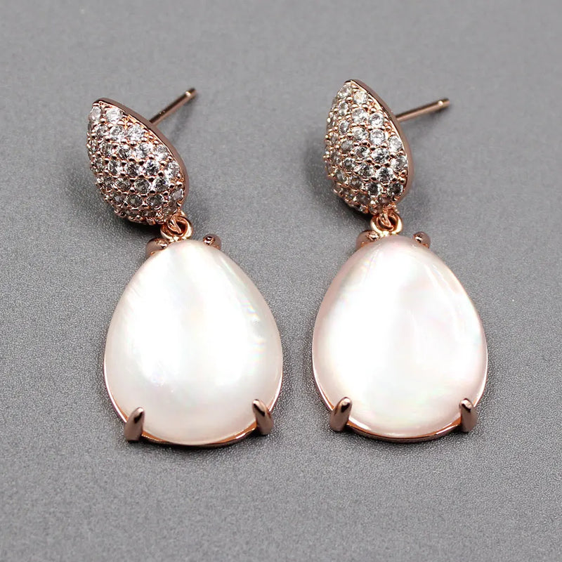 Sterling Silver Pink Quartz Crystal and Shell Cubic Zirconia Pave Dangle Earrings for Women