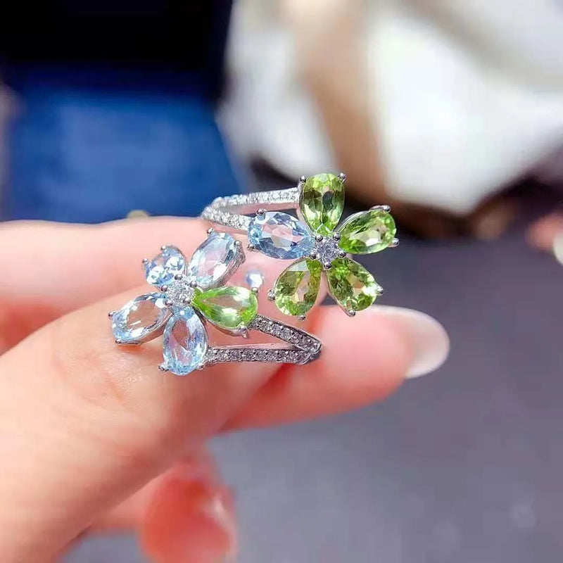 Sterling Silver Olivine Topaz Flower Ring for Women