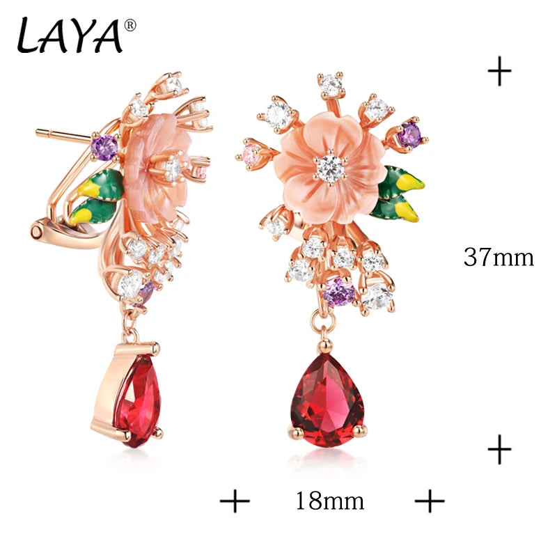 925 Sterling Silver Red Purple White Zircon Shell Flower Drop Earrings for Women