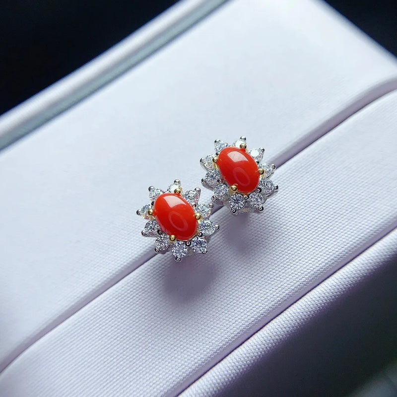 925 Sterling Silver Natural Red Coral Stud Earrings for Women