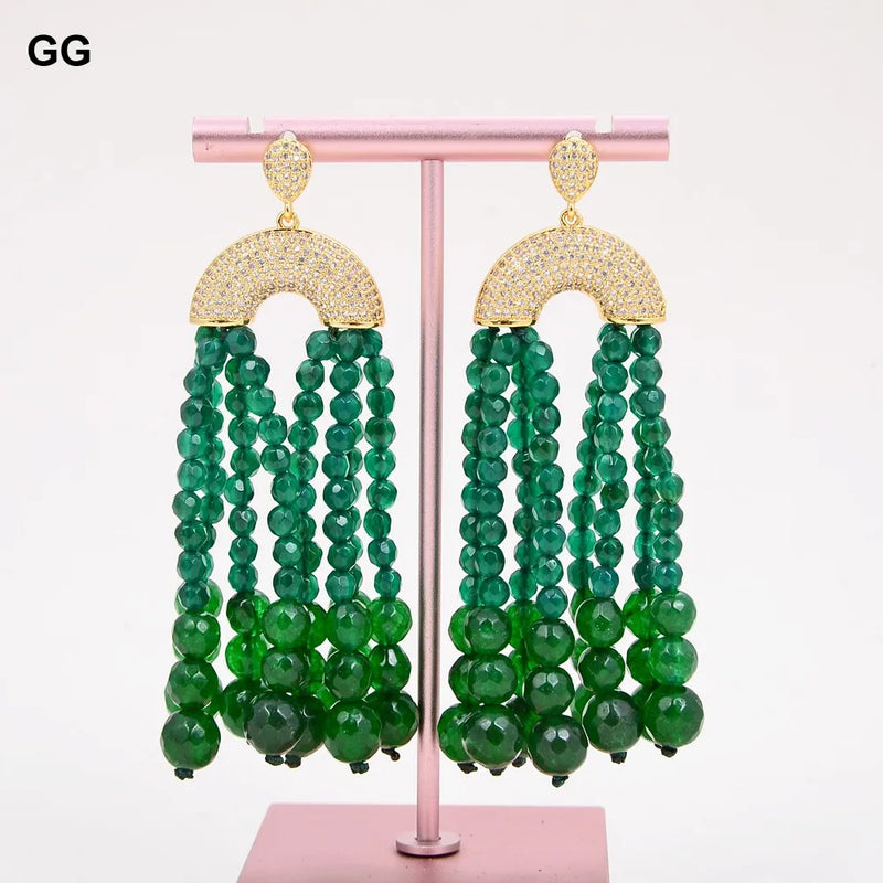 Gold Plated Round Green Jade Agate Earrings with CZ Accent For Women