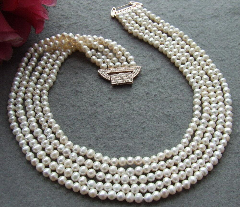 Silver 6mm White Freshwater Pearl 5Strand Choker Necklace with CZ Pave Clasp for Women