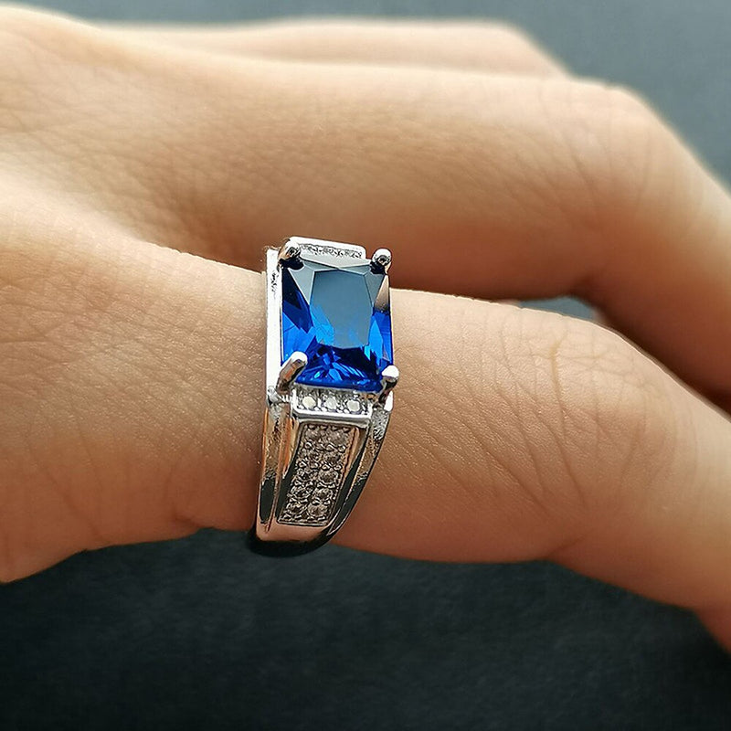 Sterling Silver Blue Crystal Sapphire Topaz Zircon Diamonds Rings for Men