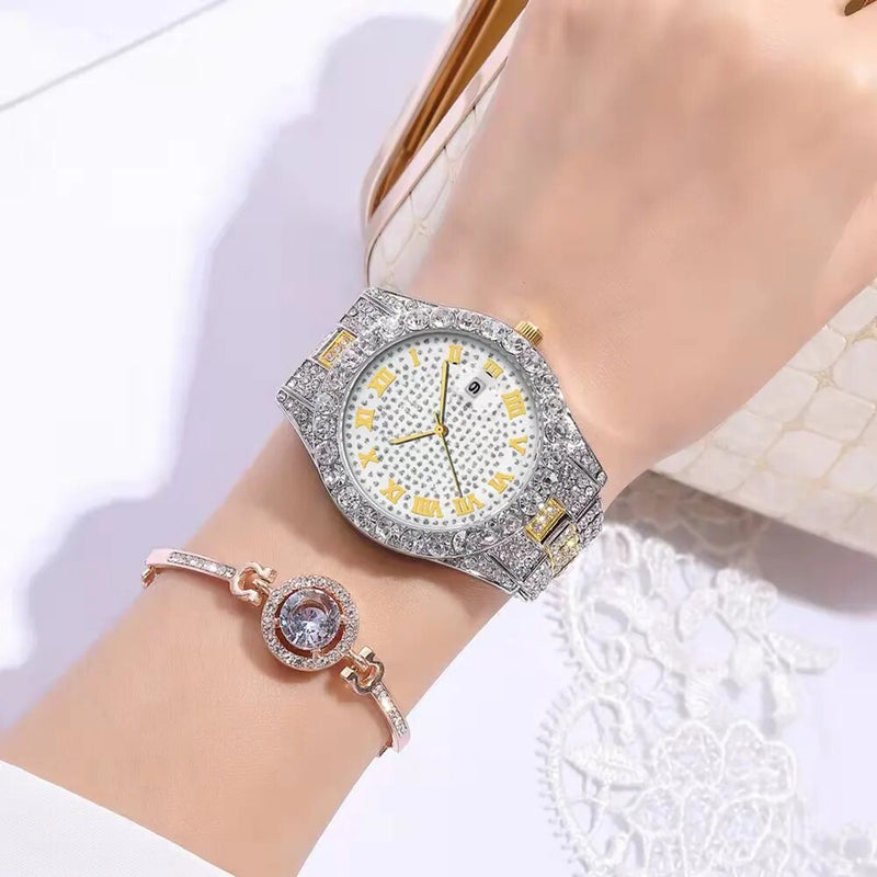 Gold Full Iced Out Quartz Wristwatch for Women